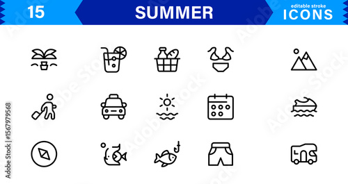 Summer Icon Set Featuring Beach, Sun, Vacation, Travel, and Fun Activities in a Fresh, Minimalist, and SEO-Friendly Vector Design
