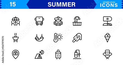 Summer Icon Set Featuring Beach, Sun, Vacation, Travel, and Fun Activities in a Fresh, Minimalist, and SEO-Friendly Vector Design