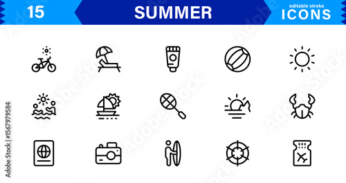 Summer Icon Set Featuring Beach, Sun, Vacation, Travel, and Fun Activities in a Fresh, Minimalist, and SEO-Friendly Vector Design