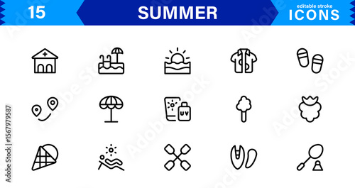 Summer Icon Set Featuring Beach, Sun, Vacation, Travel, and Fun Activities in a Fresh, Minimalist, and SEO-Friendly Vector Design