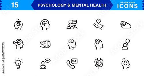 Mental Health & Psychology Icon Set, Professional Illustrations for Therapy, Wellness, and Emotional Awareness Projects.
