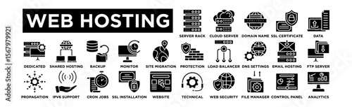 web hosting icon set. Editable Stroke Icon Collection. Server Rack, Cloud Server, Domain Name, SSL Certificate, Data Transfer, Firewall Protection, Load Balancer, DNS Settings, Email Hosting, FTP Serv
