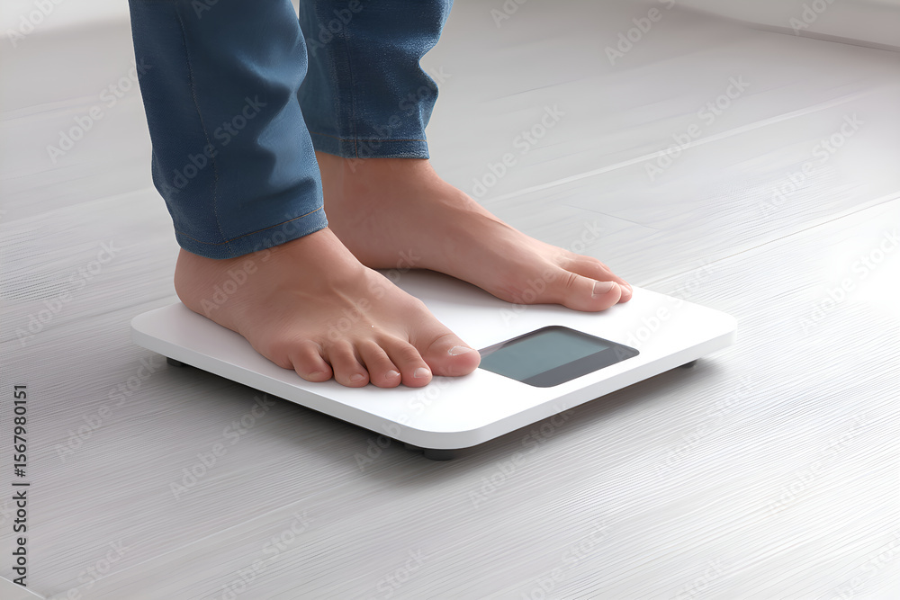 Fototapeta premium Woman standing on electronic weighing scale checking her body weight