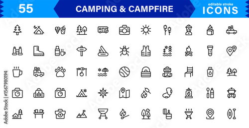 Outdoor Camping and Campfire Icons in Modern Line Style for Adventure, Exploration, Nature Travel