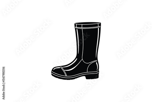 Single Rubber Rain Boot Illustration in Black and White Silhouette