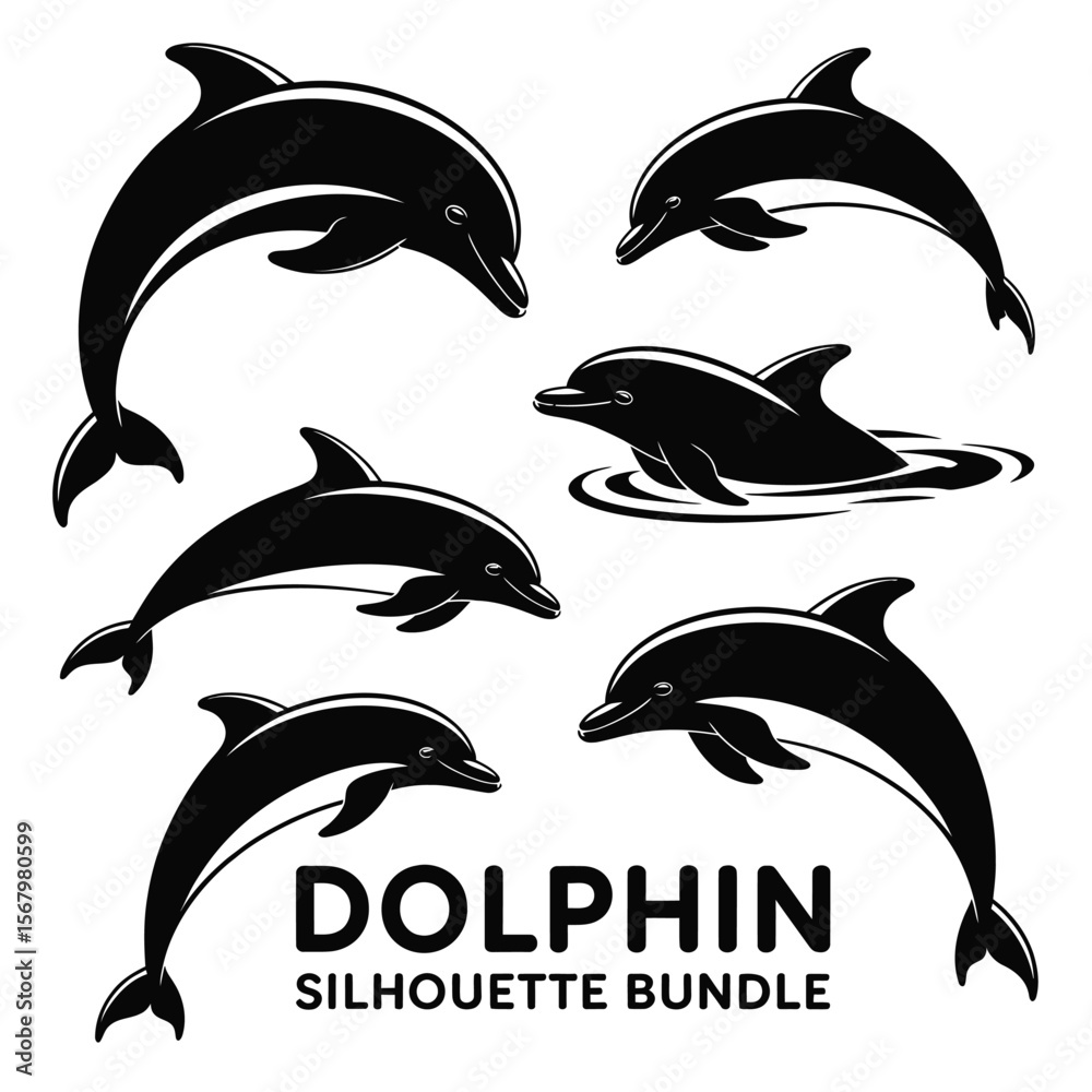 Obraz premium Black dolphin silhouettes jumping and swimming white