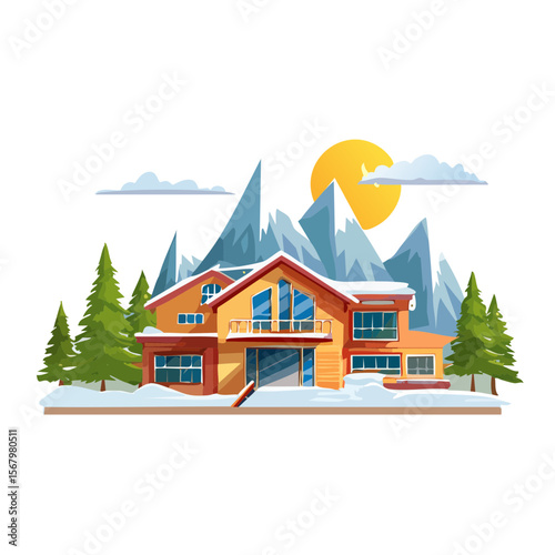 Winter Chalet nestled among snow-capped mountains and evergreen trees