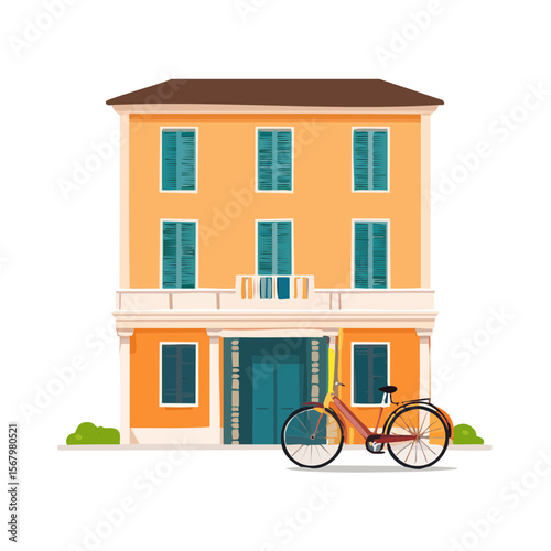 Illustration of a Two-Story House with Shutters and a Bicycle