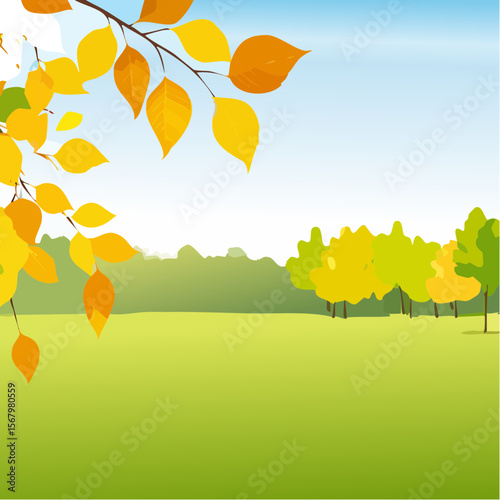 Autumn landscape with falling leaves and trees in a serene park setting
