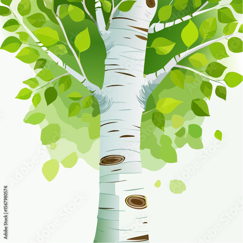 Illustration of a birch tree with green leaves in summer