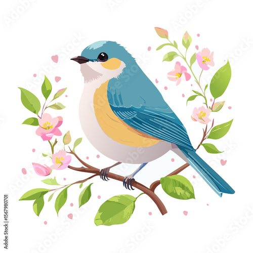 Bluebird Perched on Blooming Branch - Detailed Vector Illustration