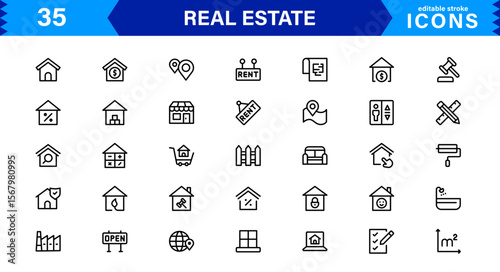 Property and Real Estate Icons Pack in Clean Vector Format with Housing, Building, and Rental Elements.