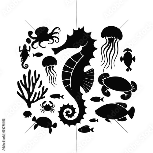 Black marine life silhouettes seahorse octopus