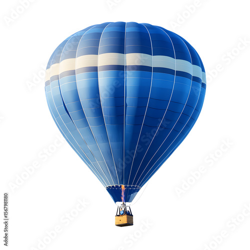 A vibrant blue and white striped hot air balloon with a basket and flame isolated on transparent background