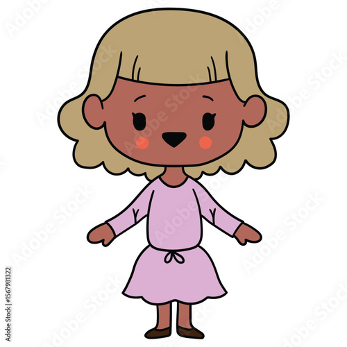 Hand drawn cartoon cute african american girl in dress on white background.