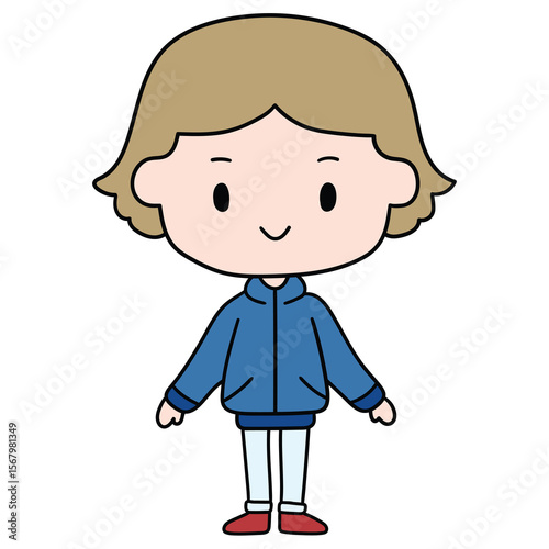 Hand drawn cartoon cute caucasian girl in casual clothes on white background.
