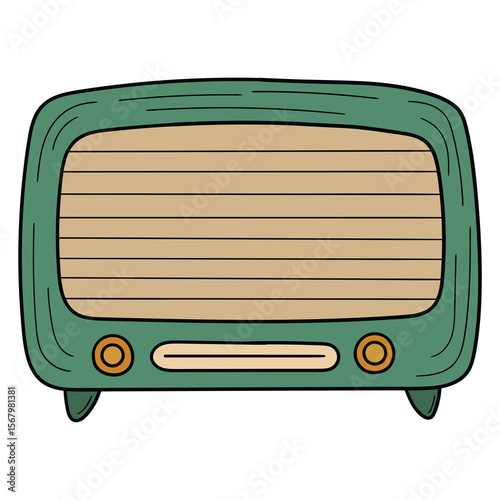 Hand drawn cartoon retro green radio on white background.