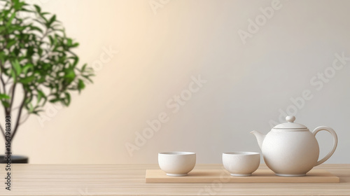 Wallpaper Mural Ceramic teapot, teacups, wooden tray, minimalist tea room, calm atmosphere, soft light Torontodigital.ca