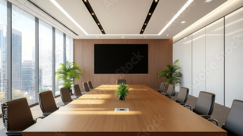 Spacious modern conference room with large wooden table  black chairs  and city view windows