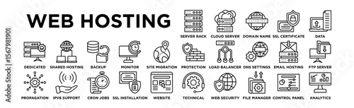 web hosting icon set. Editable Stroke Icon Collection. Server Rack, Cloud Server, Domain Name, SSL Certificate, Data Transfer, Firewall Protection, Load Balancer, DNS Settings, Email Hosting, FTP Serv
