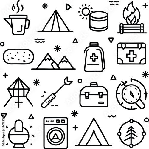 Camping and outdoor adventure icons tent campfire