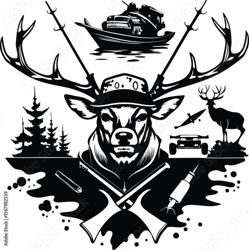 Deer hunting boat fishing trees vehicle antlers