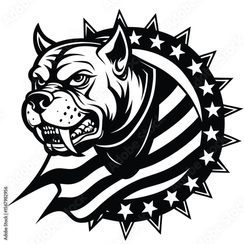 Fierce dog with stars and stripes emblem pitbull aggressive