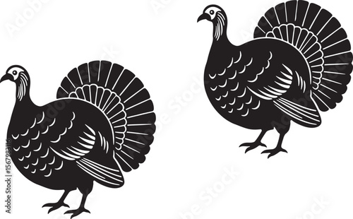 Two stylized black turkey silhouettes with fanned tails on white background