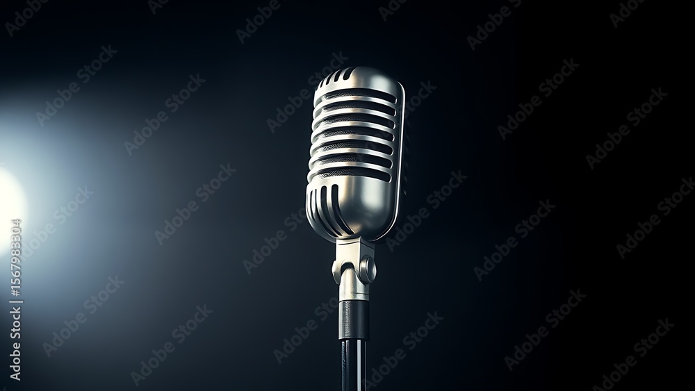 Fototapeta premium Vintage microphone stand with polished metal details on a dark gradient background.