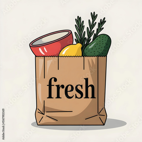 Fresh Groceries in Paper Bag Illustration