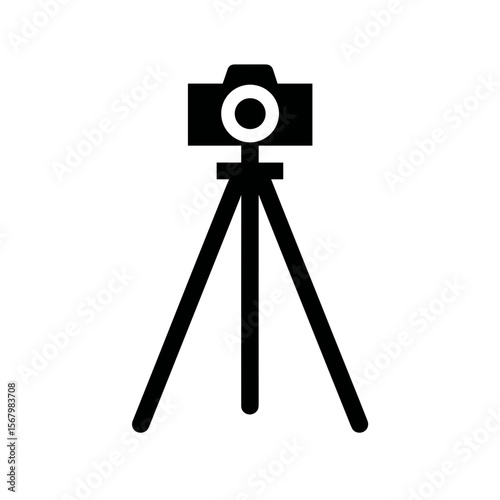 A black and white minimalist illustration of a camera on a tripod, designed for photography and creative pursuits.