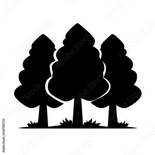 Three stylized trees in silhouette stand together, resembling a small grove or woodland scene on a white background.