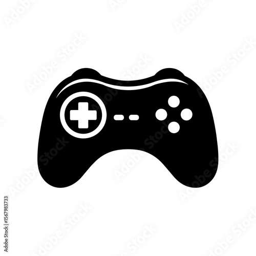 A simple black and white vector image of a common video game controller design for consoles. Game controller illustration.
