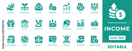 Income Icon Set. Includes icons of salary, earnings, cash flow, passive income, investments, and profit. Perfect for finance apps, reports, and business tools.