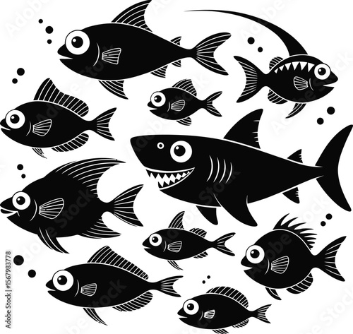 School of fish and shark underwater bubbles