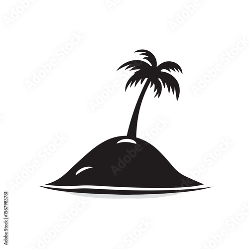 A simplified graphic of a solitary tropical island featuring a single palm tree, set against a stark white background, evokes a sense of escapism.