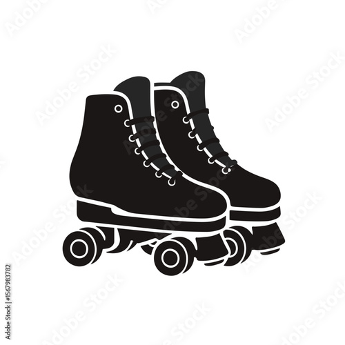 A pair of roller skates, presented in a simplified illustration style, featuring a classic high-top boot design. The skates are colored in solid black.