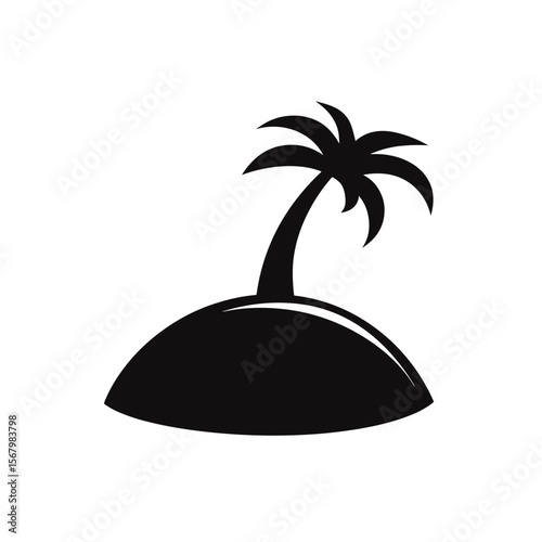 Black silhouette of a tropical island with a palm tree. Symbolizing vacations, relaxation, and paradise getaways on white background.