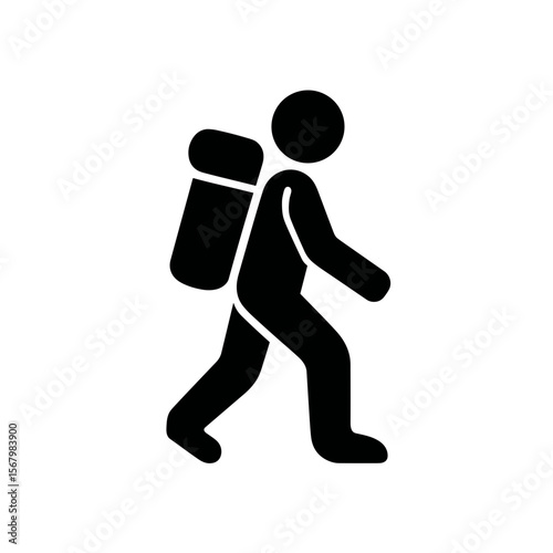 A black silhouette icon shows a person with a backpack walking forward against a white background in a minimalist, modern design.