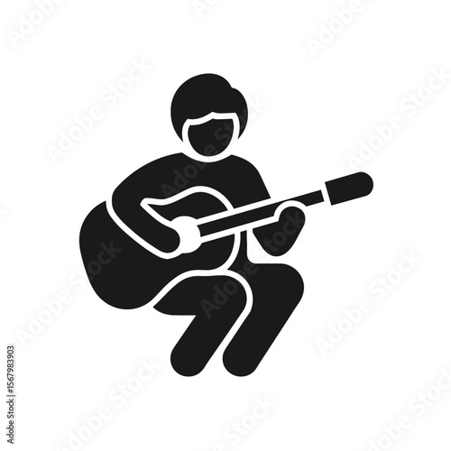Silhouette of a person playing an acoustic guitar while seated, in a stylized, minimalist design against a white background.  
