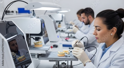 team of dental technicians working in a modern, clean laboratory, focused on creating dental prosthetics