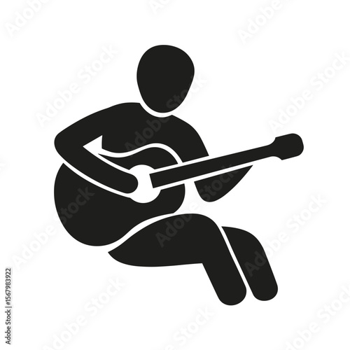 Silhouette of a person seated and playing an acoustic guitar, set against a stark white background. Simple design emphasizes the music.