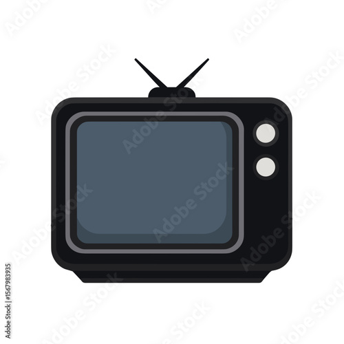 An old-fashioned television with a dark screen, two antenna, and two button controls. The tv has a thick black plastic casing.