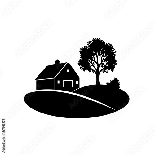 Simple monochromatic design of a barn and tree on a small hill, evokes a sense of rural tranquility and countryside living. Serene and simple.