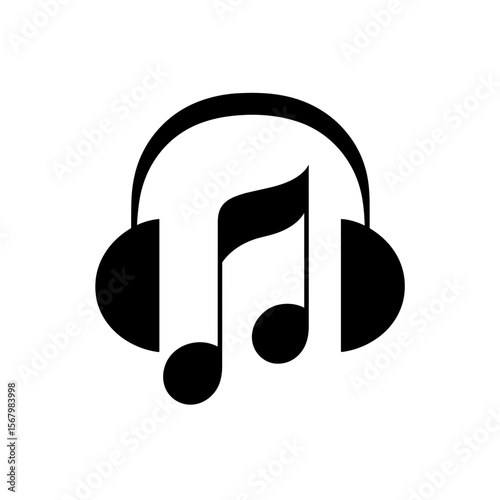 Headphones surrounding a musical note, symbolizes listening to music, audio enjoyment, and the fusion of technology with artistry.