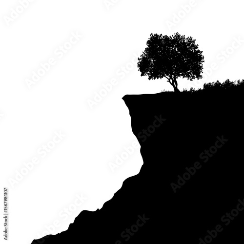 Solitary tree clinging to the edge of a cliff, starkly contrasted against a bright sky, symbolizing resilience and isolation.