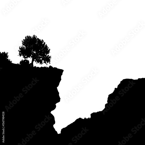 Silhouette of a tree perched precariously atop a cliff, stark against a bright white background, symbolizing resilience and solitude.