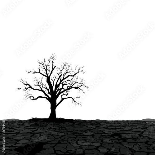 A stark silhouette of a bare tree against a white sky, standing on parched earth. The ground is cracked and desolate, evoking drought.
