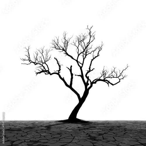 Silhouette of a bare tree against a white backdrop, standing on cracked, dry earth, casting shadows, evoking a sense of desolation.