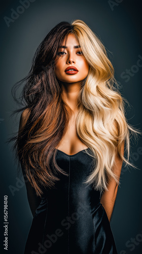Stylish young woman with long voluminous hair dyed in two contrasting shades — dark brown and platinum blonde